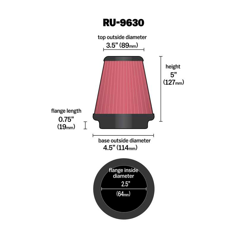 K&N Universeel Luchtfilter Konisch 64mm aansluiting, 114mm onder, 89mm top, 127mm hoogte (RU-9630)