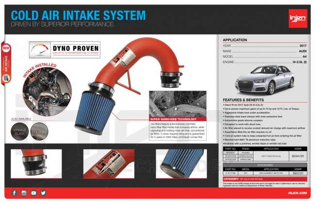Injen Audi A4 B9 2.0 T 15- Cold air intake system Zwart